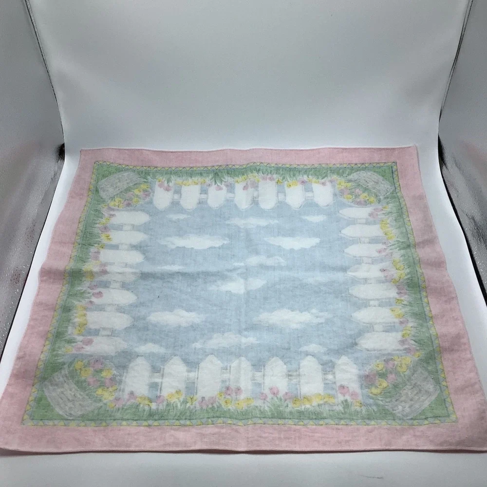 Tobin Easter Meadow Fabric Napkins Set of 4‎ Spring Scene White Picket Fence VTG
